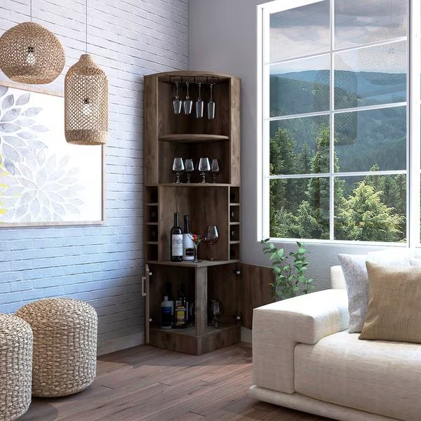 Syrah Corner Bar Cabinet, Eight Bottle Cubbies, Double Door, Two Open Shelves, Dark Brown, Tuhome, Mfr#: BLB7788